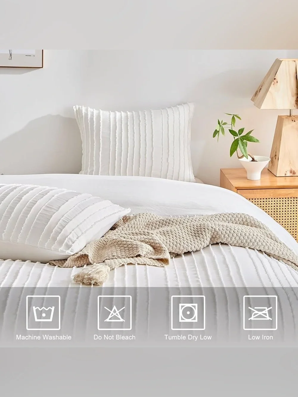 WARMDERN White Boho Duvet Cover Set Striped Textured Tufted Bedding Set, 3 Pcs